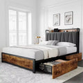 Bed Frame with Storage Linen Upholstered Headboard, 4 Drawers Platform Bed Frame with Charging Station, Vintage Brown