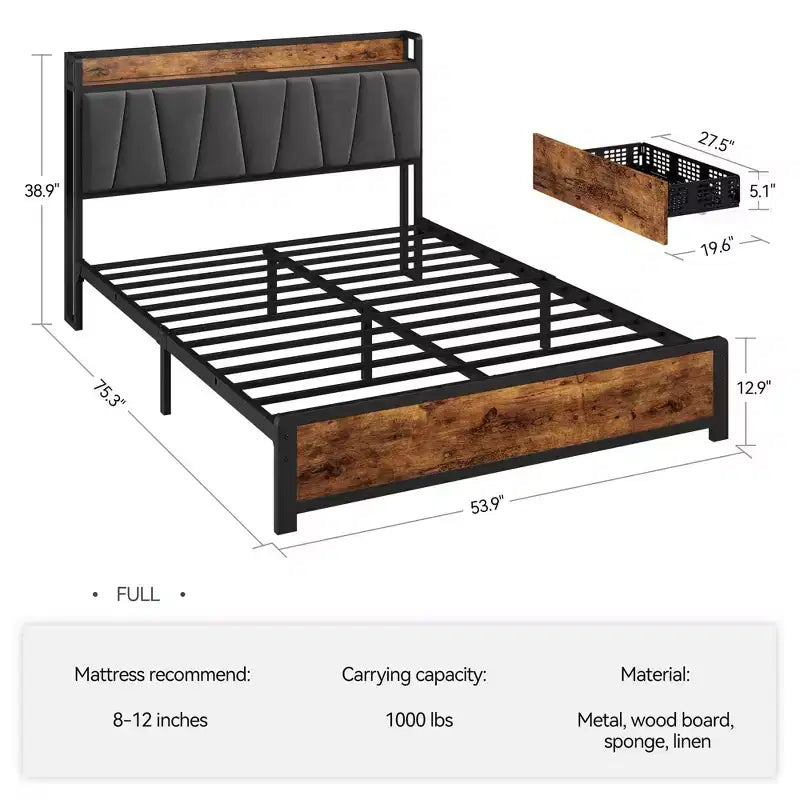 Bed Frame with Storage Linen Upholstered Headboard, 4 Drawers Platform Bed Frame with Charging Station, Vintage Brown