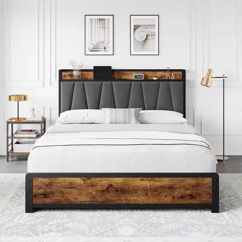 Bed Frame with Storage Linen Upholstered Headboard, 4 Drawers Platform Bed Frame with Charging Station, Vintage Brown