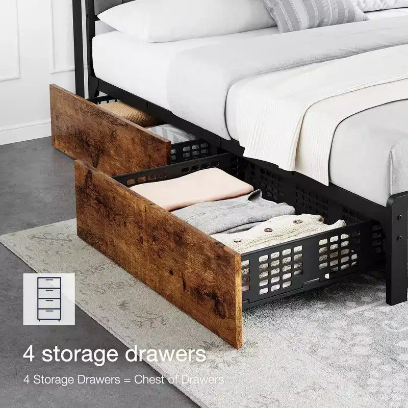Bed Frame with Storage Linen Upholstered Headboard, 4 Drawers Platform Bed Frame with Charging Station, Vintage Brown