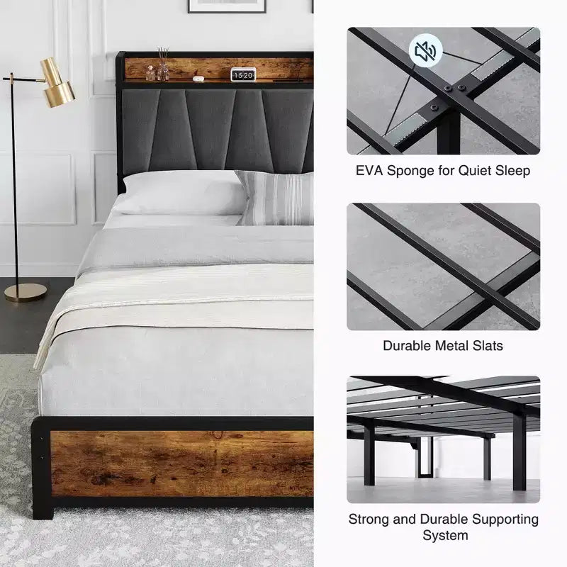 Bed Frame with Storage Linen Upholstered Headboard, 4 Drawers Platform Bed Frame with Charging Station, Vintage Brown