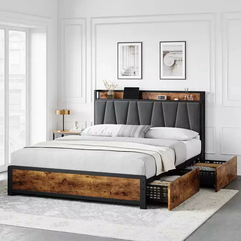 Bed Frame with Storage Linen Upholstered Headboard, 4 Drawers Platform Bed Frame with Charging Station, Vintage Brown