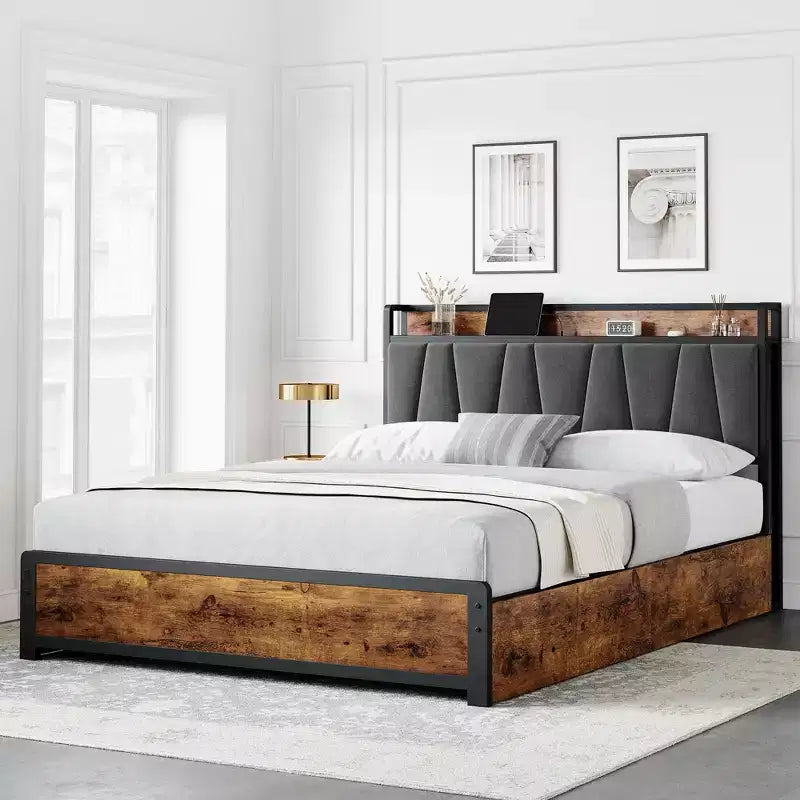 Bed Frame with Storage Linen Upholstered Headboard, 4 Drawers Platform Bed Frame with Charging Station, Vintage Brown