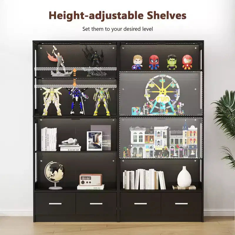 Skyzoo 5-Tier Glass Display Cabinet with LED Lights & Adjustable Shelves & 2 Drawers, Curio Cabinet for Home & Office