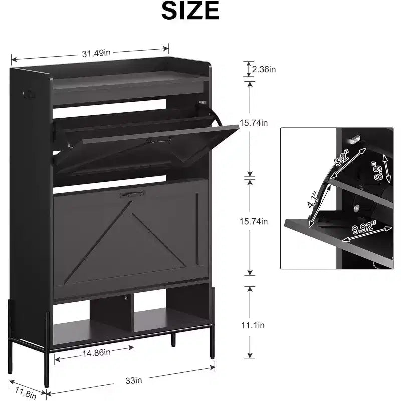 Whizmax 2-Drawer Shoe Cabinet, Freestanding Entryway Organizer with Flip-Up Doors, Metal Legs, Narrow Shoe Rack for Dry/Wet Separation Storage