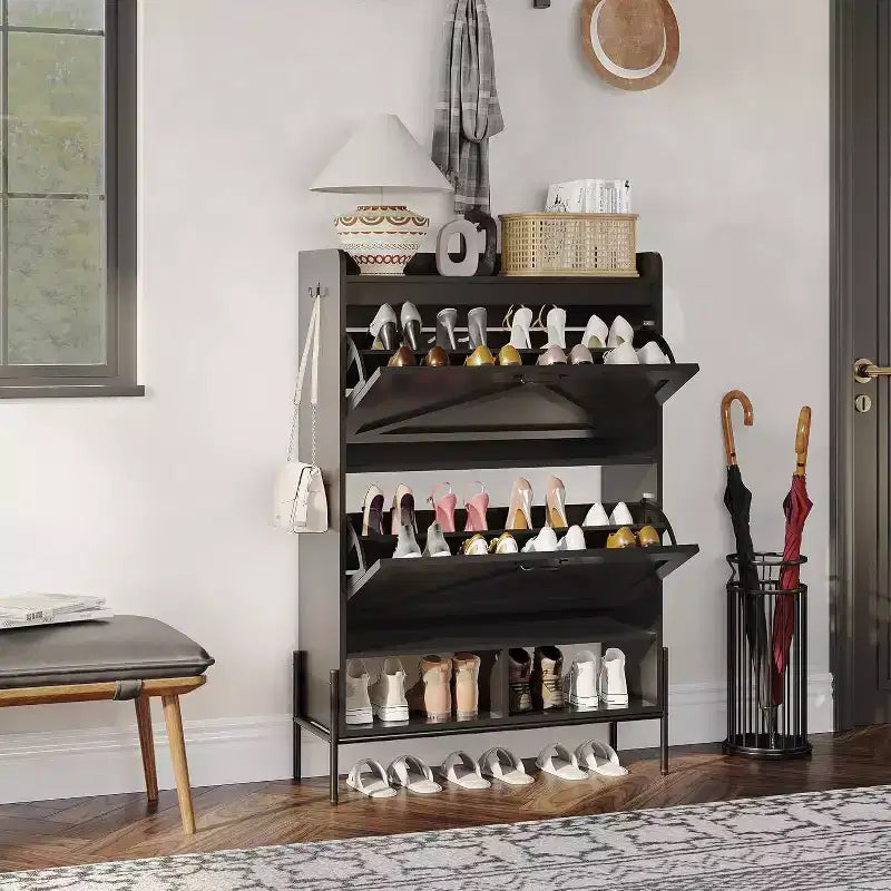 Whizmax 2-Drawer Shoe Cabinet, Freestanding Entryway Organizer with Flip-Up Doors, Metal Legs, Narrow Shoe Rack for Dry/Wet Separation Storage