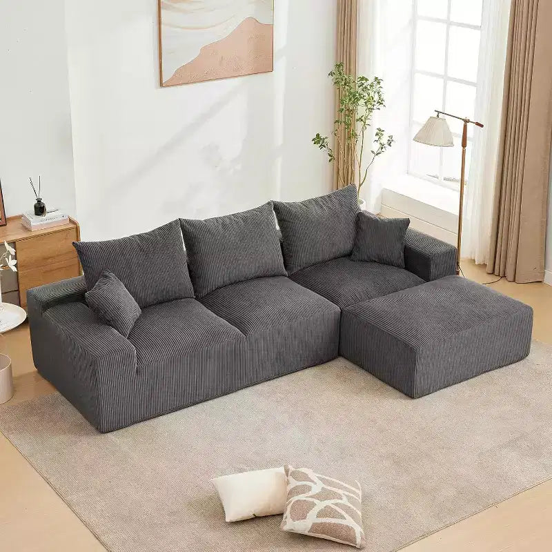 110In Oversized L-Shaped Sofa, Cloud Sectional Couch w/Chaise Throw Pillows, Soft Corduroy Boneless Foam Sofa for Living Rooms, Apartments, Dorms