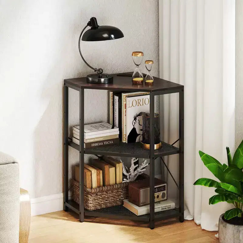 Costway Corner Printer Stand with Charging Station Adjustable Metal Mesh Shelf Black/Brown/White
