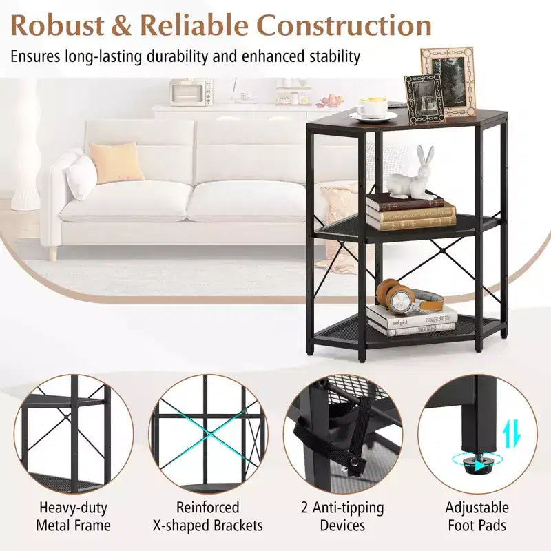 Costway Corner Printer Stand with Charging Station Adjustable Metal Mesh Shelf Black/Brown/White