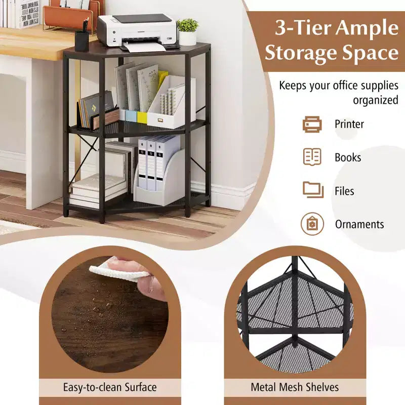 Costway Corner Printer Stand with Charging Station Adjustable Metal Mesh Shelf Black/Brown/White