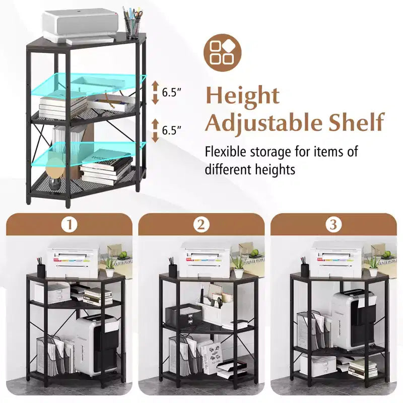 Costway Corner Printer Stand with Charging Station Adjustable Metal Mesh Shelf Black/Brown/White