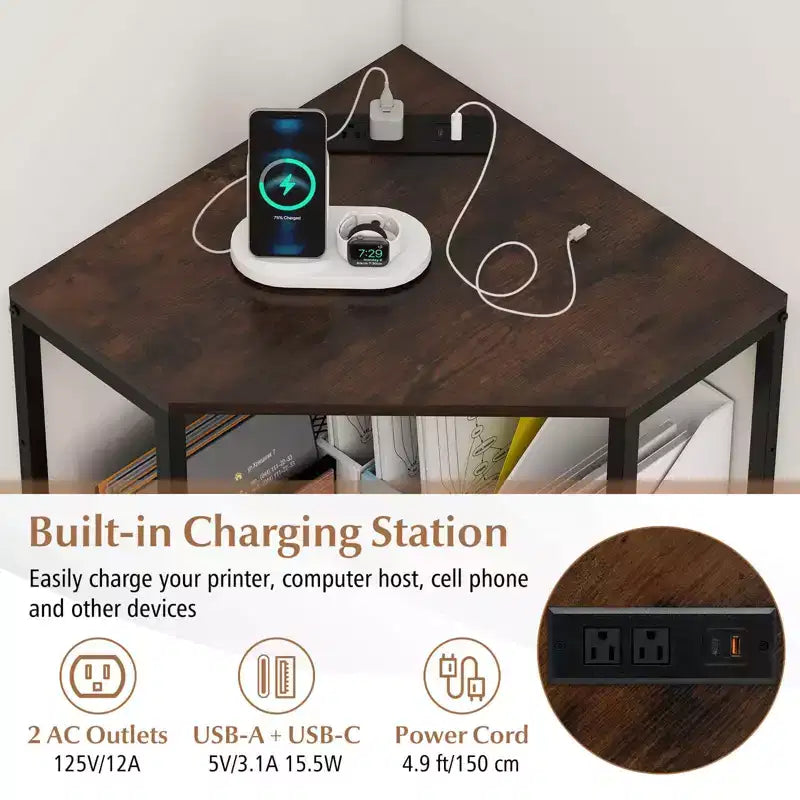 Costway Corner Printer Stand with Charging Station Adjustable Metal Mesh Shelf Black/Brown/White