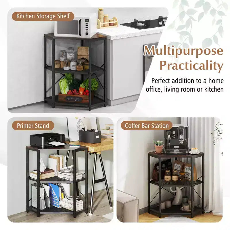 Costway Corner Printer Stand with Charging Station Adjustable Metal Mesh Shelf Black/Brown/White