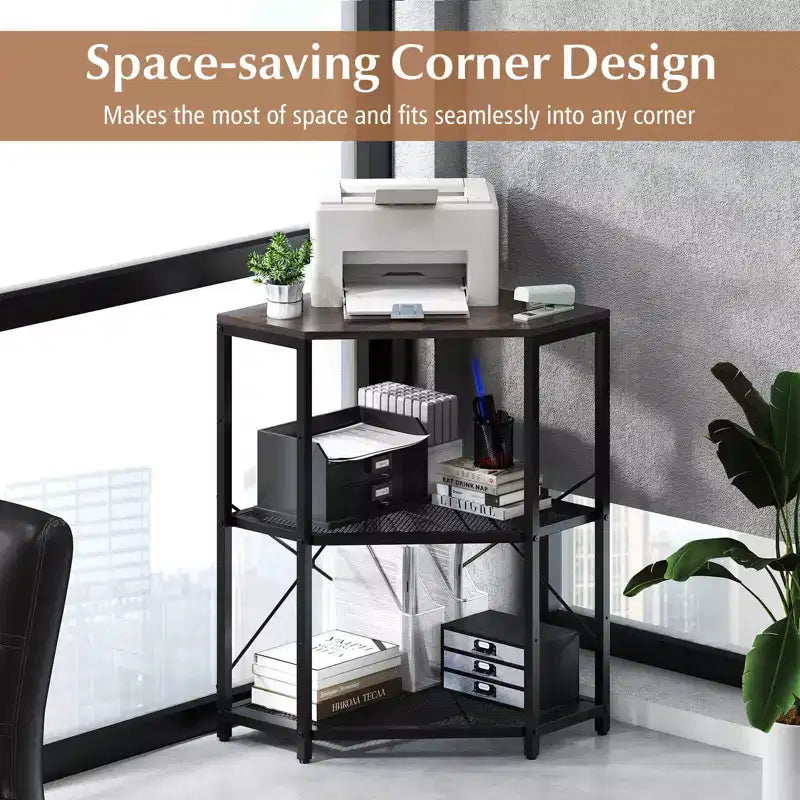 Costway Corner Printer Stand with Charging Station Adjustable Metal Mesh Shelf Black/Brown/White