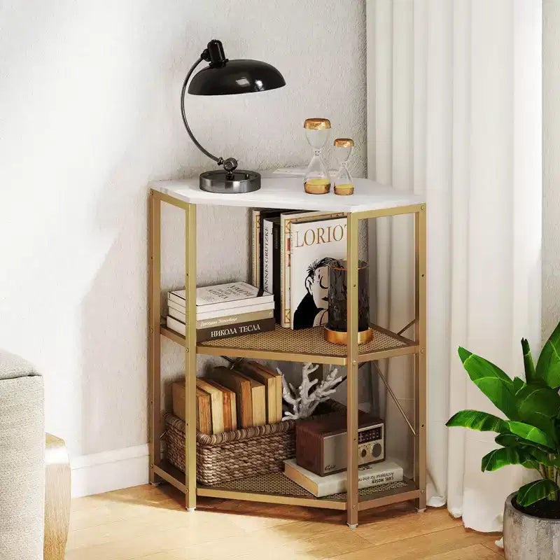 Costway Corner Printer Stand with Charging Station Adjustable Metal Mesh Shelf Black/Brown/White