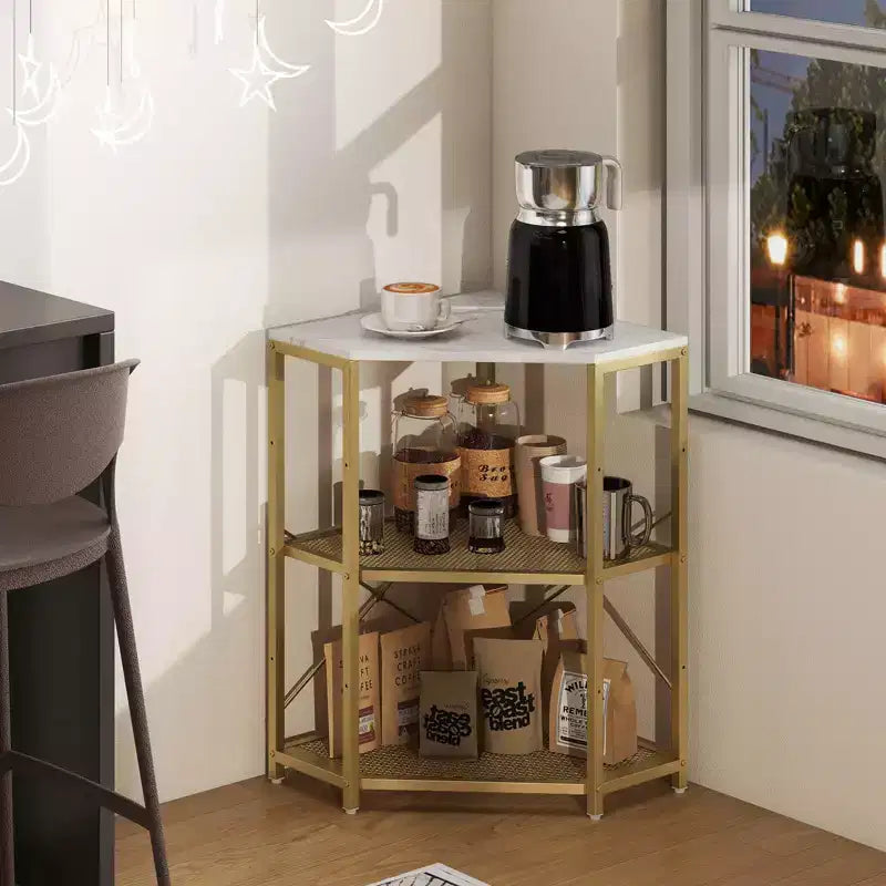 Costway Corner Printer Stand with Charging Station Adjustable Metal Mesh Shelf Black/Brown/White