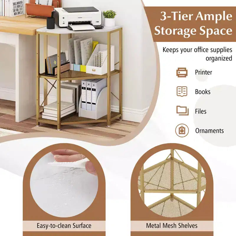 Costway Corner Printer Stand with Charging Station Adjustable Metal Mesh Shelf Black/Brown/White