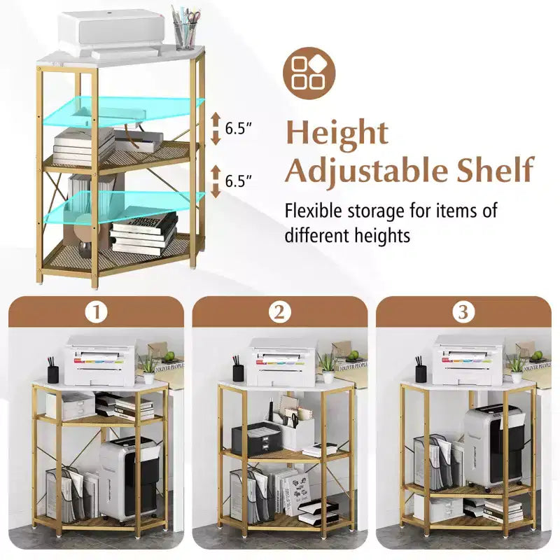Costway Corner Printer Stand with Charging Station Adjustable Metal Mesh Shelf Black/Brown/White