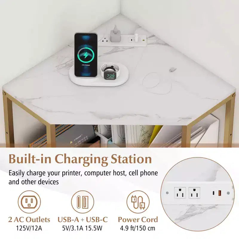 Costway Corner Printer Stand with Charging Station Adjustable Metal Mesh Shelf Black/Brown/White