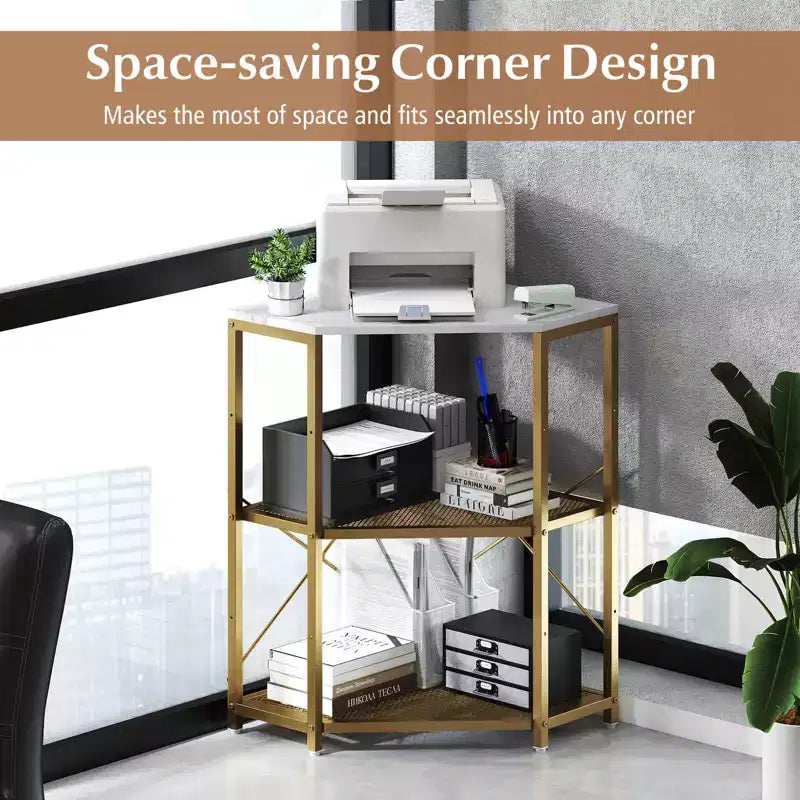 Costway Corner Printer Stand with Charging Station Adjustable Metal Mesh Shelf Black/Brown/White