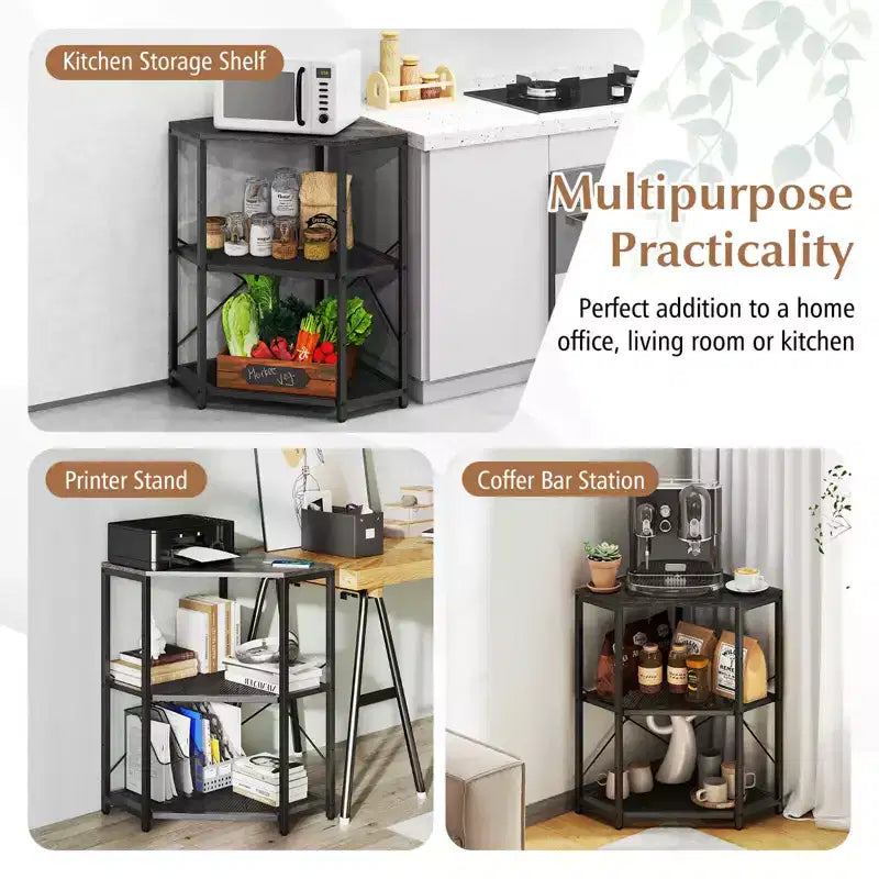 Costway Corner Printer Stand with Charging Station Adjustable Metal Mesh Shelf Black/Brown/White