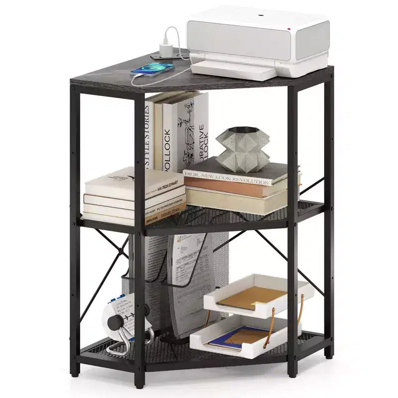 Costway Corner Printer Stand with Charging Station Adjustable Metal Mesh Shelf Black/Brown/White