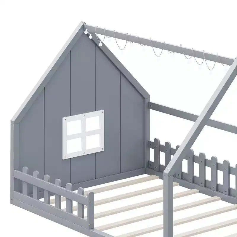 Whisen Full Size Wood House Bed with Window and Fence