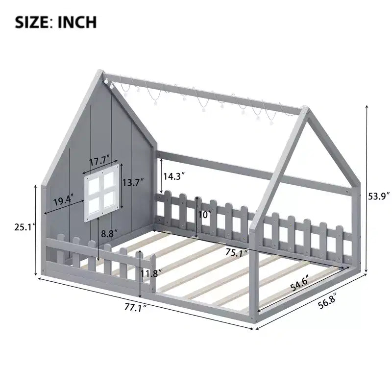 Whisen Full Size Wood House Bed with Window and Fence