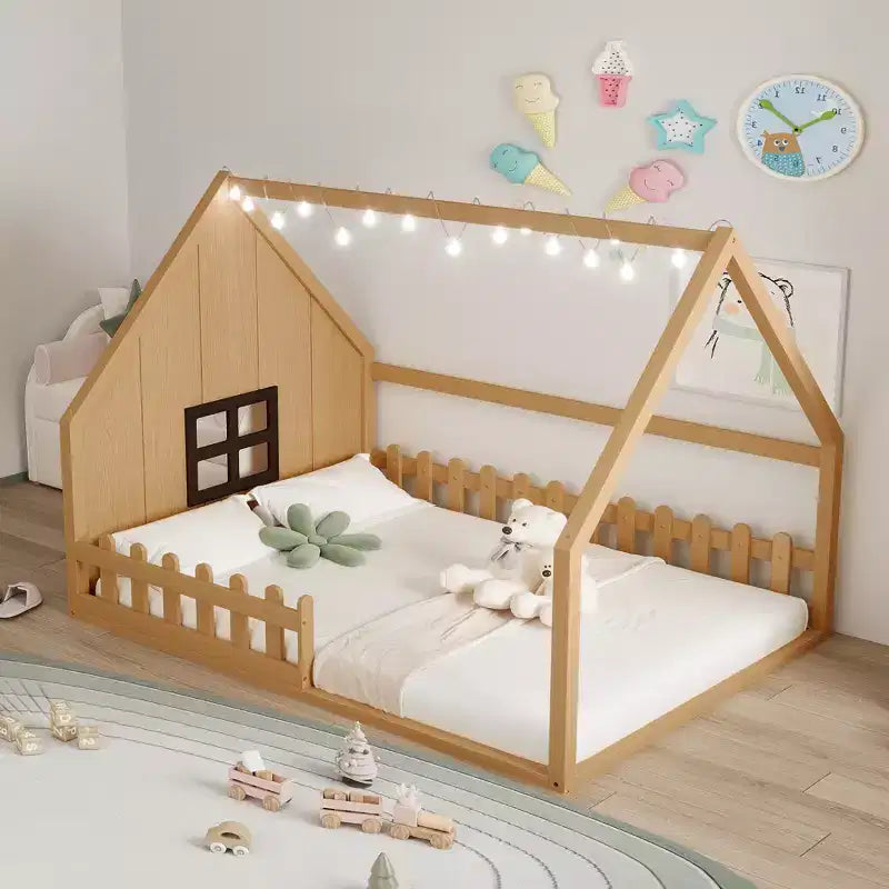 Whisen Full Size Wood House Bed with Window and Fence
