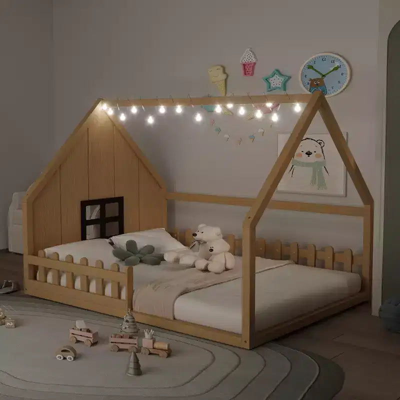 Whisen Full Size Wood House Bed with Window and Fence