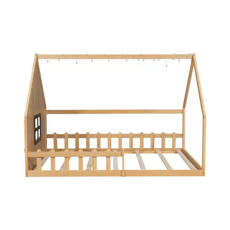 Whisen Full Size Wood House Bed with Window and Fence
