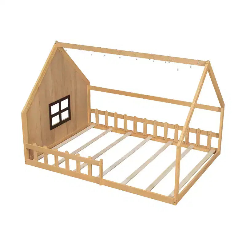Whisen Full Size Wood House Bed with Window and Fence