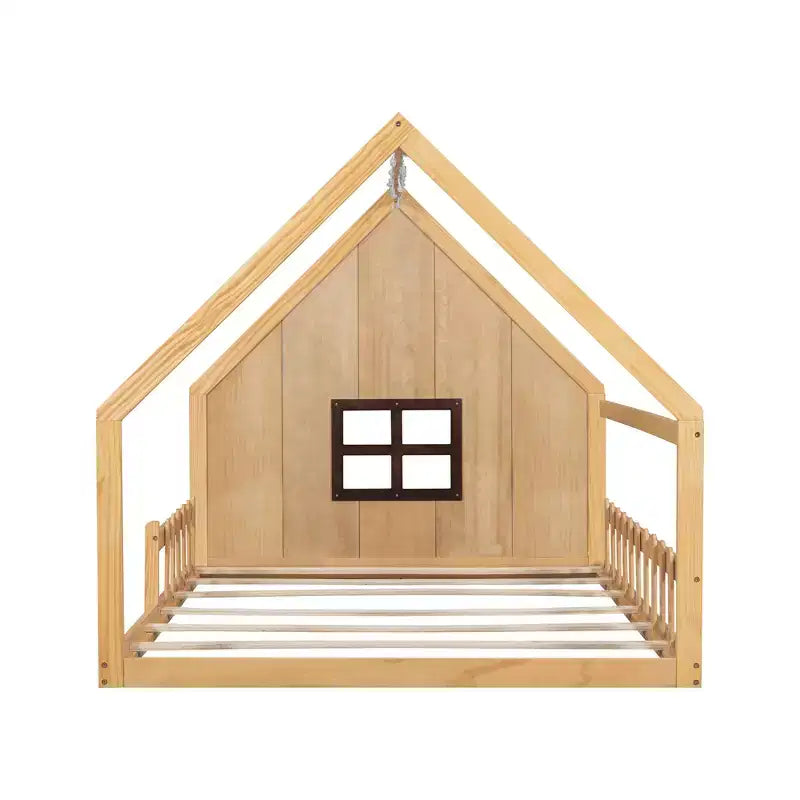 Whisen Full Size Wood House Bed with Window and Fence