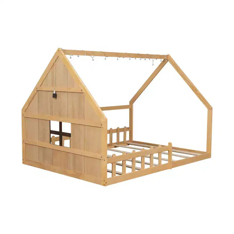 Whisen Full Size Wood House Bed with Window and Fence