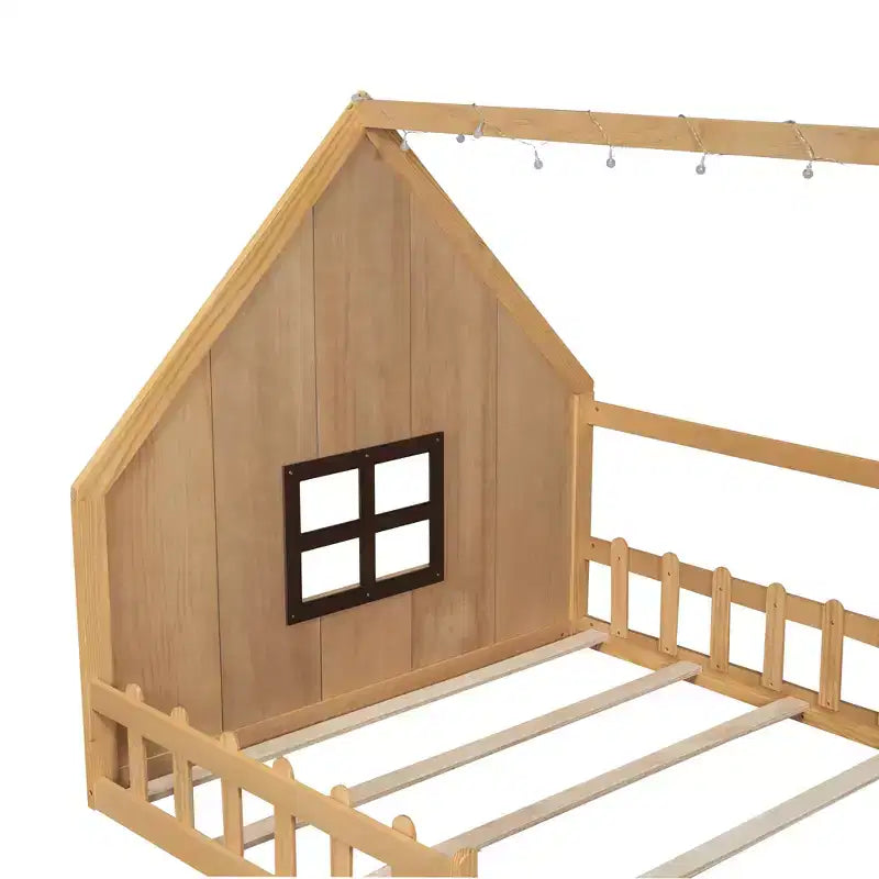 Whisen Full Size Wood House Bed with Window and Fence