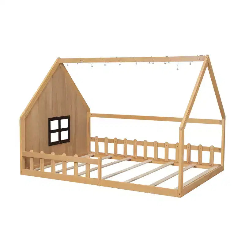 Whisen Full Size Wood House Bed with Window and Fence