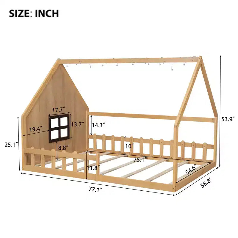 Whisen Full Size Wood House Bed with Window and Fence