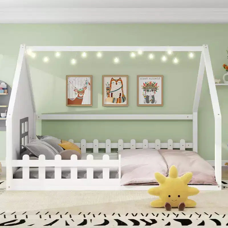 Whisen Full Size Wood House Bed with Window and Fence