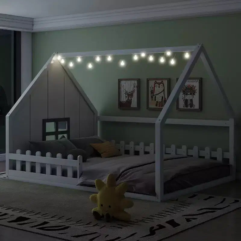 Whisen Full Size Wood House Bed with Window and Fence