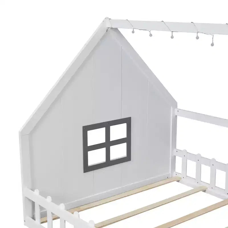 Whisen Full Size Wood House Bed with Window and Fence