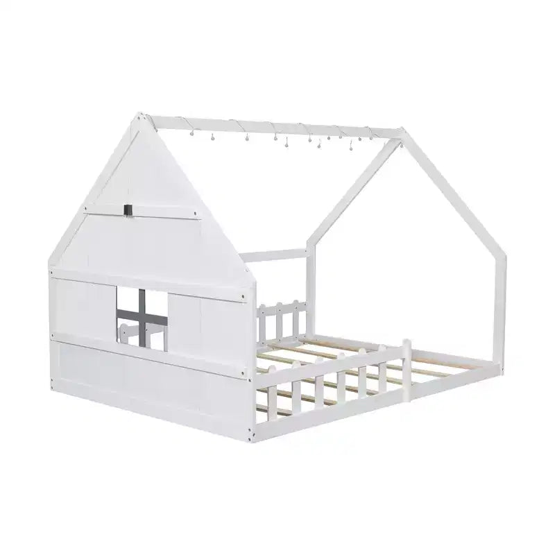 Whisen Full Size Wood House Bed with Window and Fence