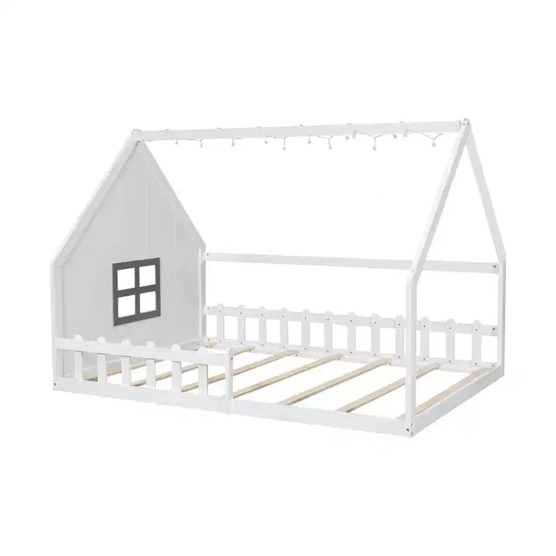 Whisen Full Size Wood House Bed with Window and Fence