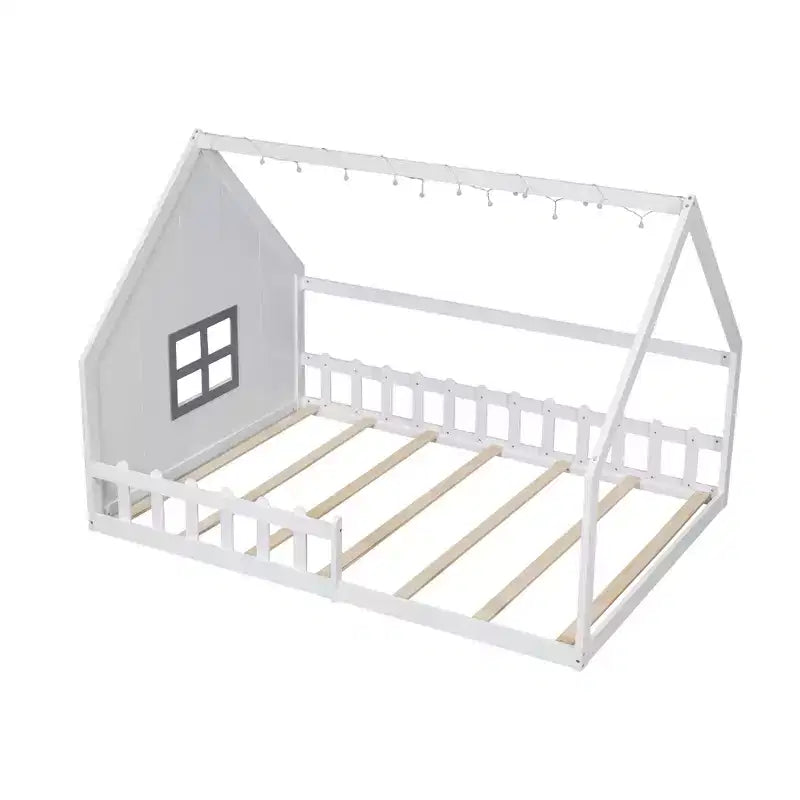 Whisen Full Size Wood House Bed with Window and Fence