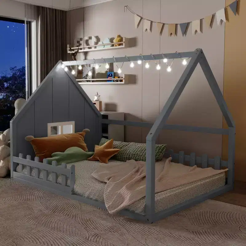 Whisen Full Size Wood House Bed with Window and Fence