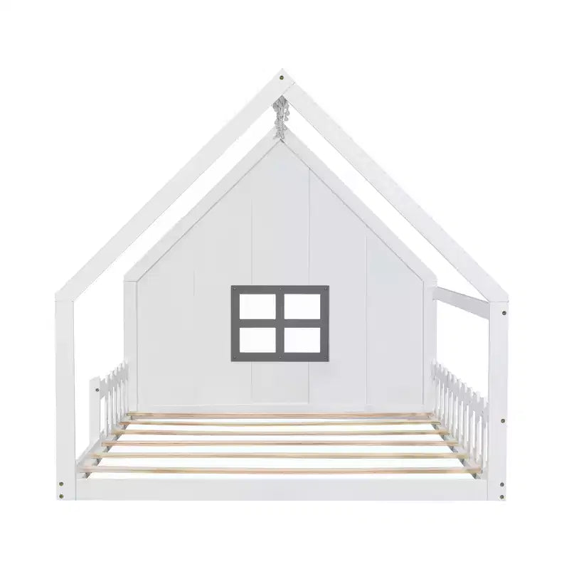 Whisen Full Size Wood House Bed with Window and Fence