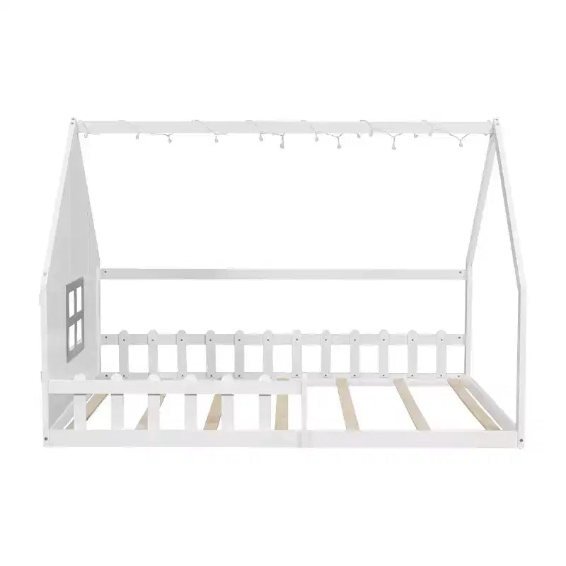 Whisen Full Size Wood House Bed with Window and Fence