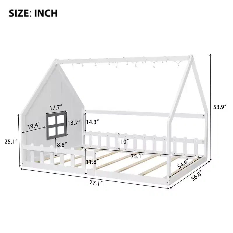 Whisen Full Size Wood House Bed with Window and Fence