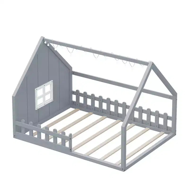 Whisen Full Size Wood House Bed with Window and Fence