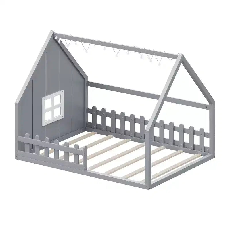 Whisen Full Size Wood House Bed with Window and Fence