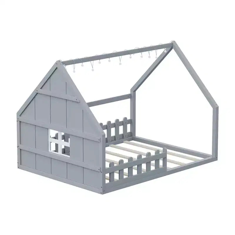 Whisen Full Size Wood House Bed with Window and Fence